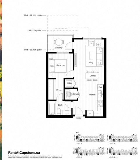 A floor plan for a unit at RentAtCapstone.ca is displayed.